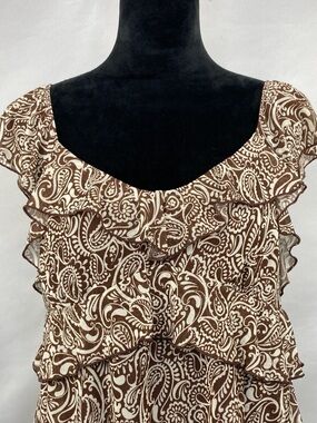 La Peche Brown Paisley Sheer Ruffle Tiered Crop Top XL Boho Flutter Sleeve
